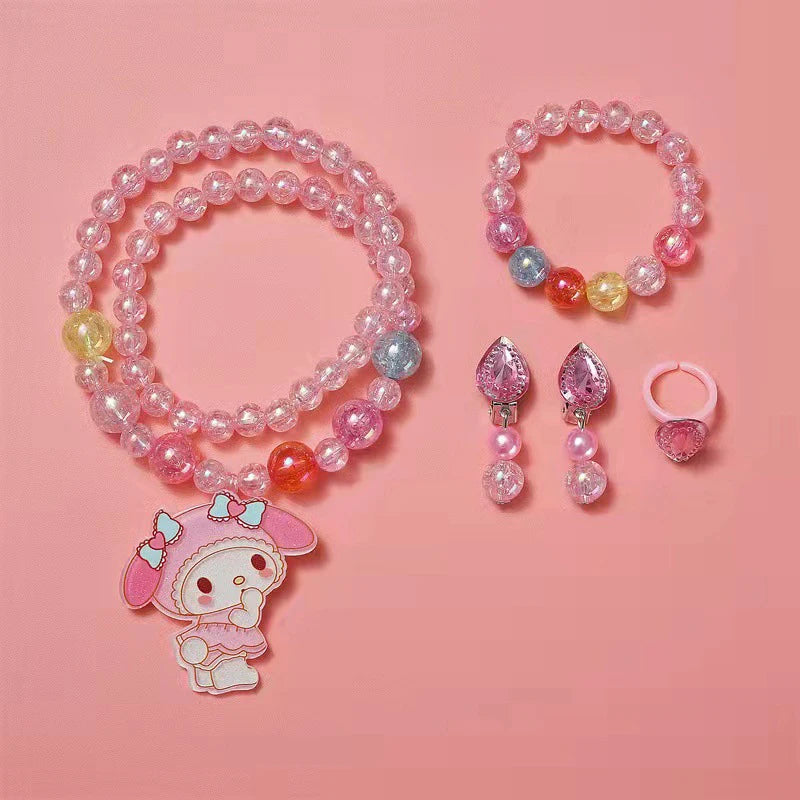4pcs/set Sanrio Cartoon Hello Kitty Necklace Finger Ring Bracelet Set Kawaii Birthday Gifts For Girls Jewelry Accessories