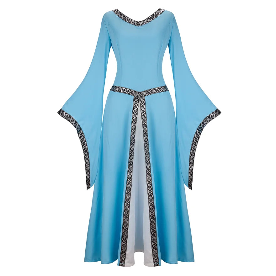 Women Medieval Renaissance Trumpet Sleeve Retro Loor Length Gown Lace Trim Irish Over Long Dress Halloween Costume Plus Size