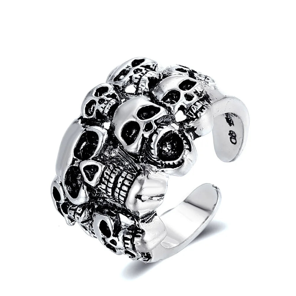 Dark Gothic Skull Skeleton Rings For Men Women Punk Goth Hiphop Rock Silver Color Adjustable Ring Fashion Jewelry Halloween