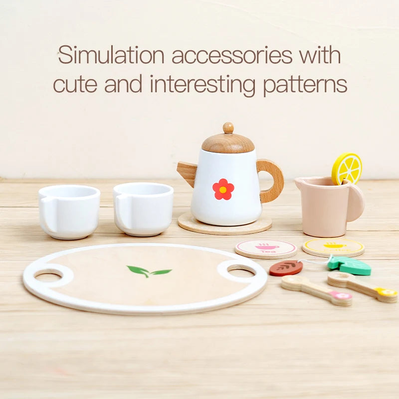 Kids Simulation Wooden Dessert Food Toys Kitchen Cookies Coffee Afternoon Tea Pretend Play Toys for Boy Girls Birthday Xmas Gift