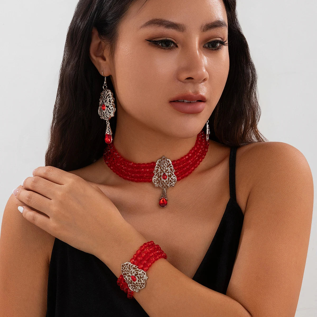 Ingemark Goth Multilayer Crystal Chain Necklace Bracelet Drop Earrings for Women Temperament Jewelry Set Halloween Accessories