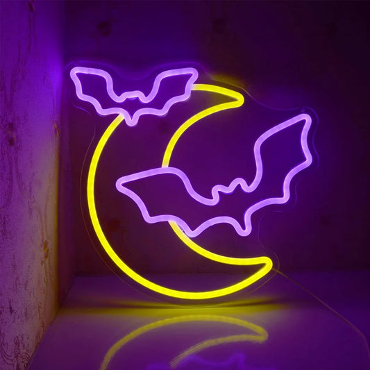 Halloween Decorations Neon Signs,Moon and Bat LED Light,Neon Light up Halloween Party,USB Powerd Gothic Neon Lamp for Wall Decor