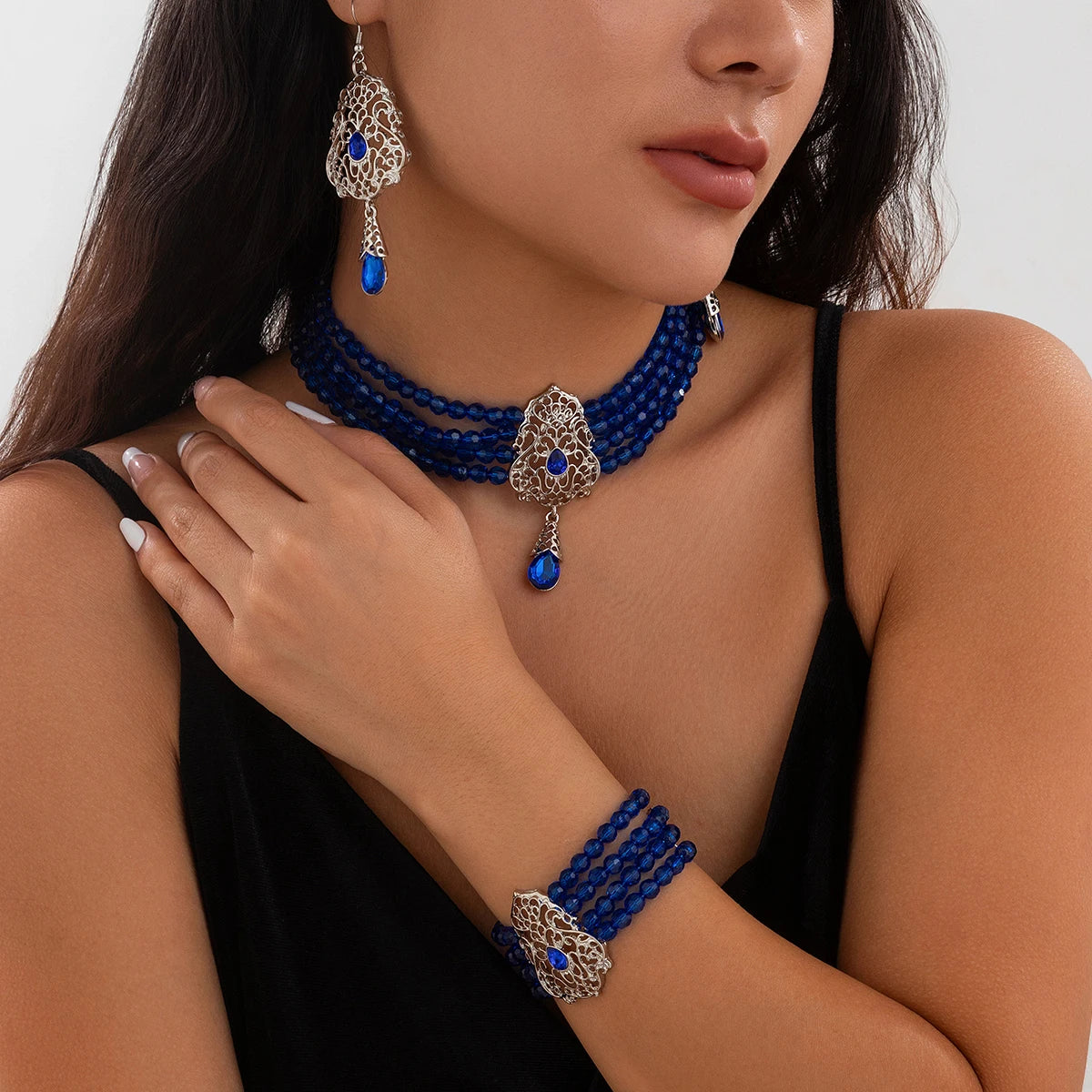 Ingemark Goth Multilayer Crystal Chain Necklace Bracelet Drop Earrings for Women Temperament Jewelry Set Halloween Accessories