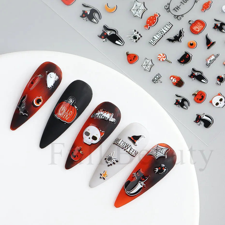 Nail Stickers Halloween Series Bat Skull Bone Ghost Pumpkin Pattern 3D Self Adhesive Decals For Nails Manicure Decoration LATH