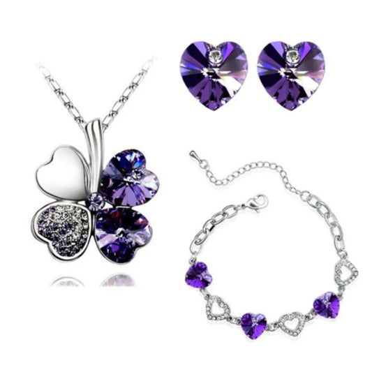 Crystal Clover 4 Leaf leaves Floating heart pendant quality Necklace bracelet Earring fashion jewelry set birthday gift girl wed