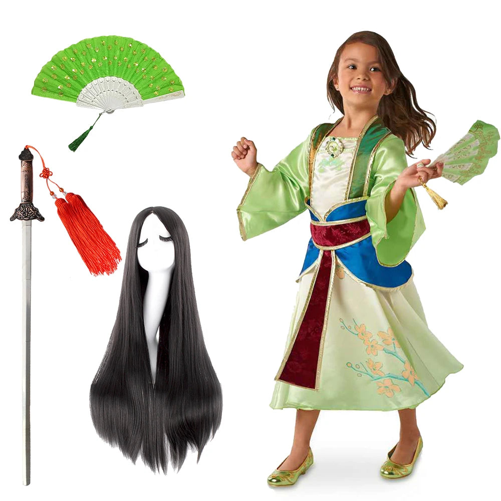 Halloween Girls Mulan Dress Children Fancy Fairy Princess Dress Up Chinese Style Christmas Vintage Green Floral Dresses Hanfu