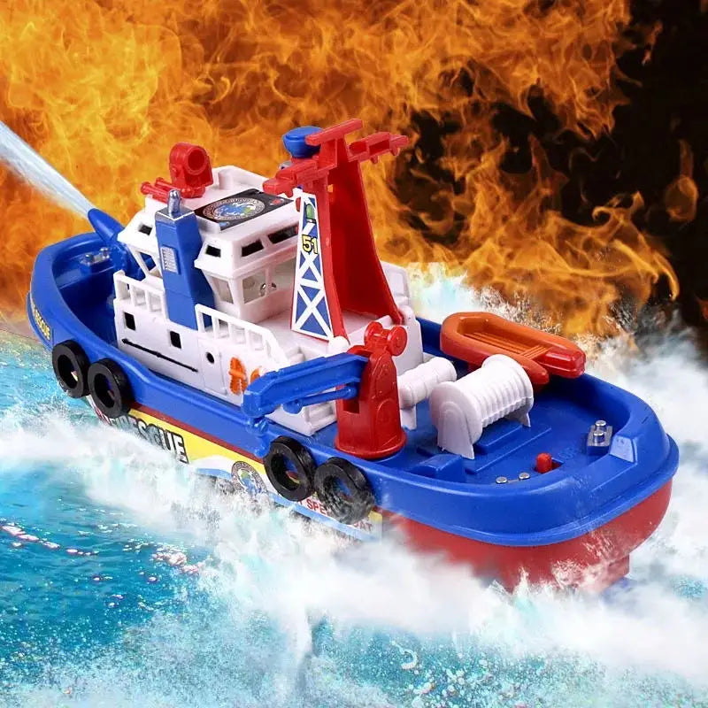 Electric Marine Rescue Boat Toy Fire-fighting Boat Bathing Speedboat Toy with Sound Light Up Toys for Kids Spray Water Swim Pool