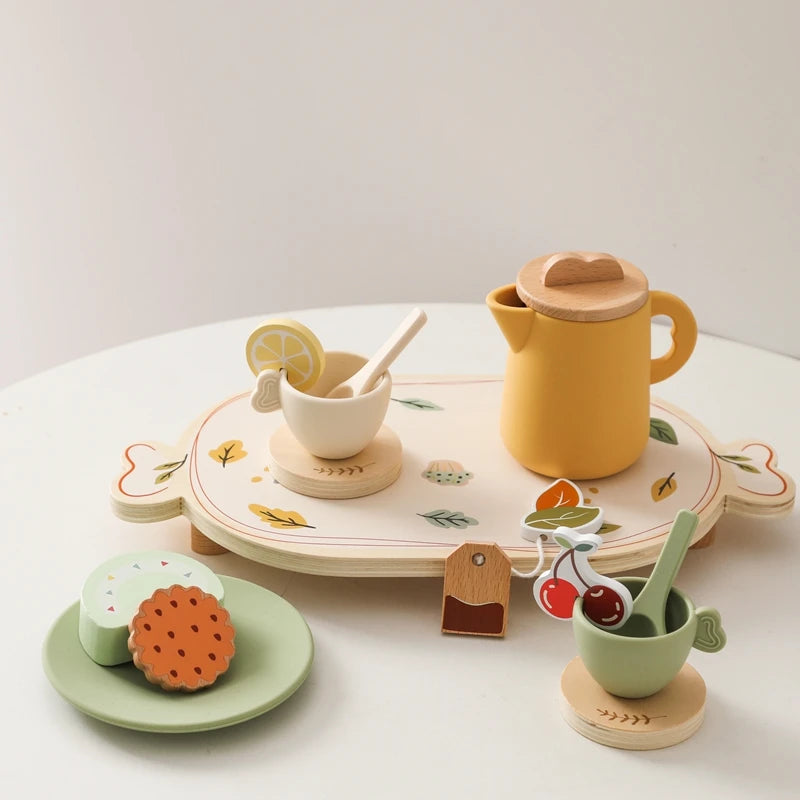 Kids Wooden Montessori Toys Afternoon Tea Set Pretend Play Kitchen Food Learning Role Play Game Baby Early Educational Toys Gift