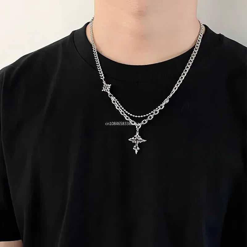 Y2K Grunge Hip Hop Halloween Jewelry Accessories Punk Metal Back Cross Pendant Silver Color Chain Necklace for Women Men 1pcs