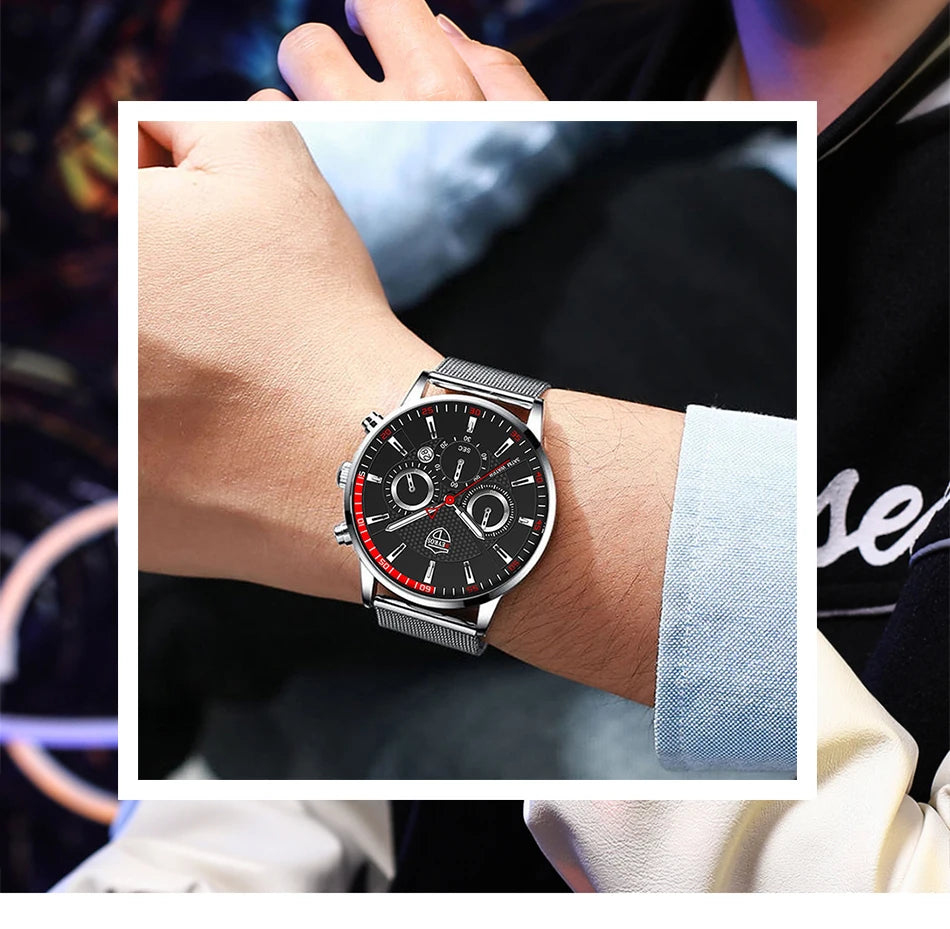 Mens Fashion Sports Watches Men Business Casual Quartz Wrist Watch Luxury Silvery Mesh Belt Watch