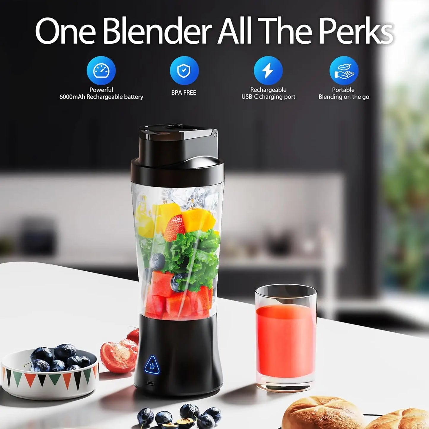 Portable Blender Cordless Self-Cleaning Mini Blender with Lid Silent Mini Travel Blender with Stainless Steel Blades USB Charge
