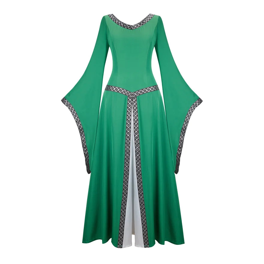 Women Medieval Renaissance Trumpet Sleeve Retro Loor Length Gown Lace Trim Irish Over Long Dress Halloween Costume Plus Size