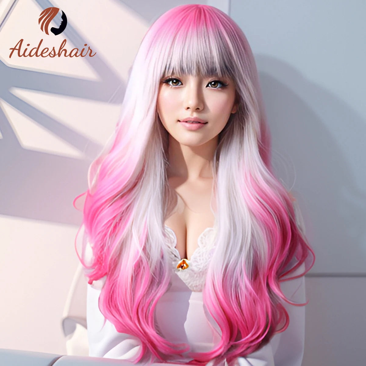 Peach shade shade wig Ladies dark red white shade shade wig with bangs Heat resistant synthetic wig Halloween cosplay party wig