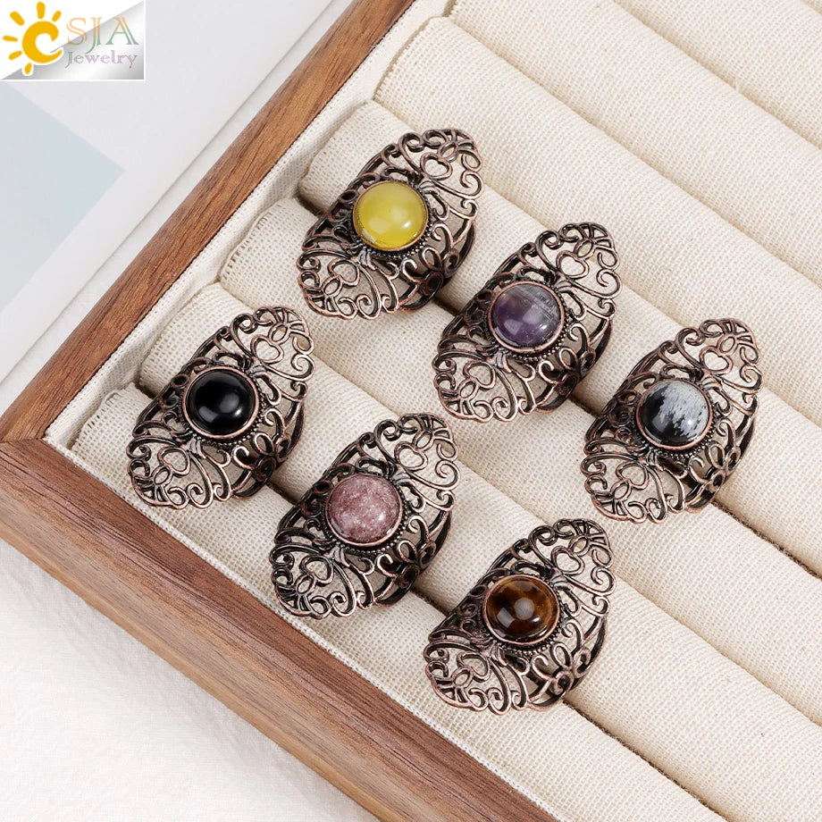 Healing Gem Stone Crystal Band Rings for Men Natural Pink Stone Quartz Red Agates Jaspers Dainty Finger Ring Women Jewelry H474