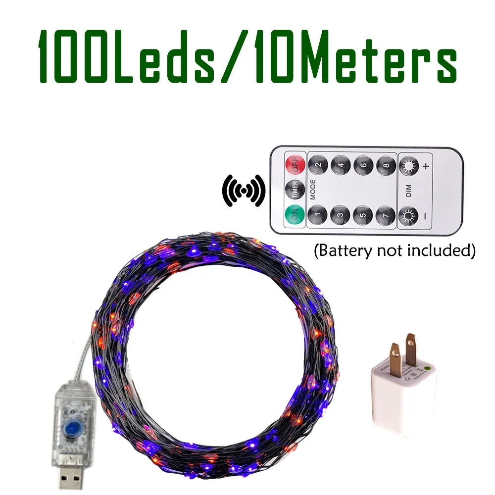 Purple and Orange Fairy String Lights Copper Black Wire Total 100-1200LED USB Fairy Lights With 8 Modes For Halloween Decoration