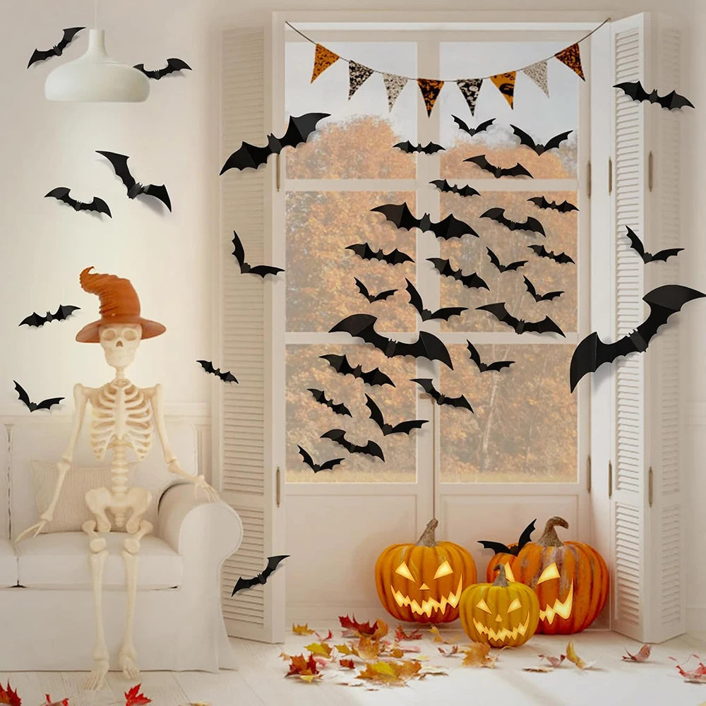 24/36/48/60pcs Bats Halloween Decorations 3D Bats DIY Home Indoor Outdoor Wall Decor Scary Bat Stickers Halloween Party Supplies