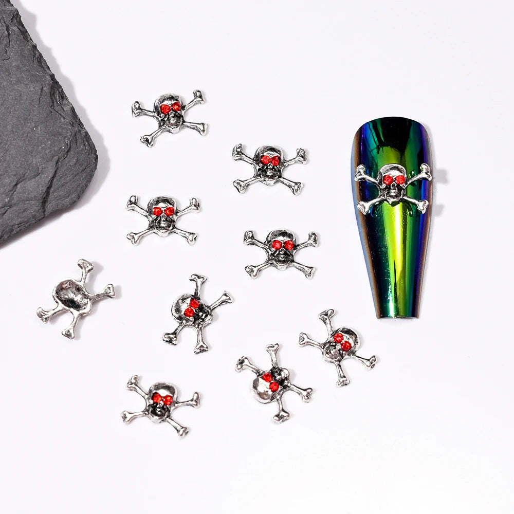 10pcs Bone Skeleton Halloween Nail Charms Scary Decoration Nail DIY 2023 Skull Cross Halloween Metal Nail Art Parts Gems
