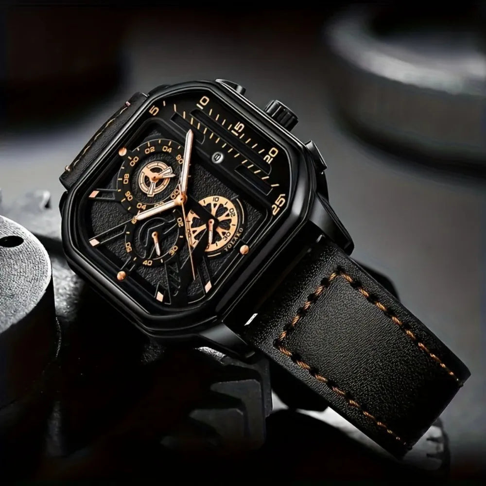 Luxury Big Dial Men Square Watch Casual PU Leather Strap Men Sports Watches