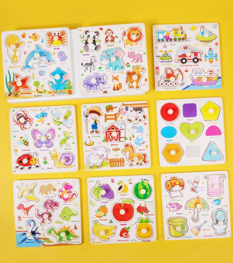 Wooden Puzzle Montessori Toys for Kids Cartoon Animal Traffic Hand Grab Boards Early Learning Educational Toys for Children