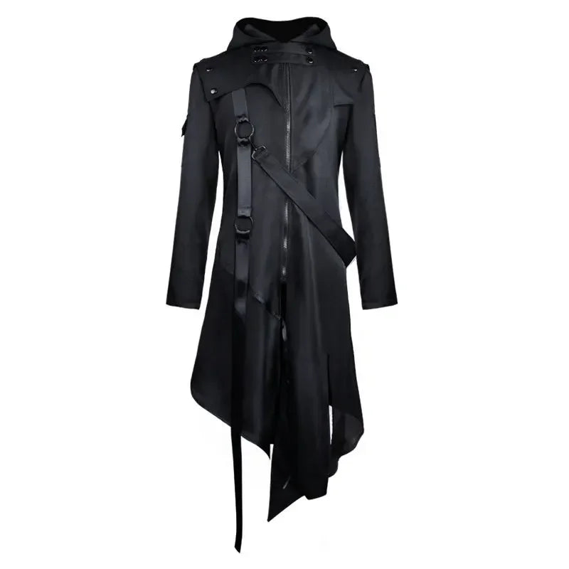 Men Gothic Steampunk Jacket Halloween Tailcoat Cosplay Hooded Assassin Costume Medieval Viking Warrior Zipper Black Coat 5XL