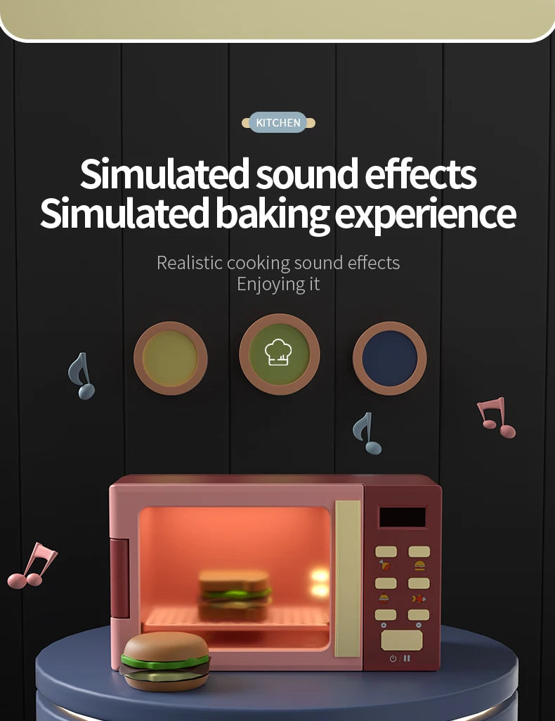 Toy Microwave Oven Playset with Light and Sound, Toy kitchen Appliances for Kids, Play kitchen accessories and Toy Food for Kids