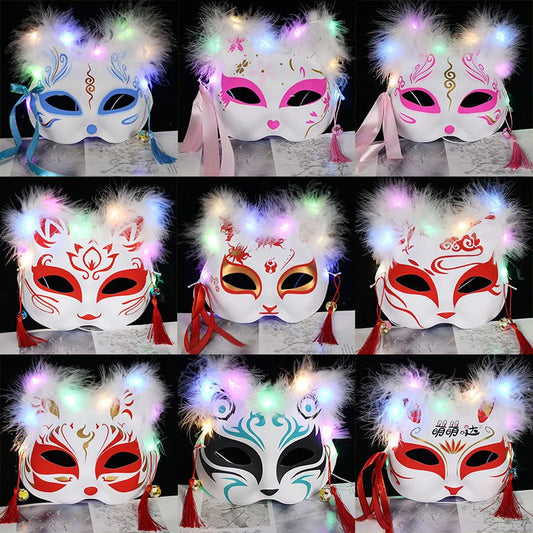 Luminous Led Mask Japanese Foxes Mask Rave Costume Anime Half Face Cat Masks Masquerade Festival Halloween Party Cosplay Props