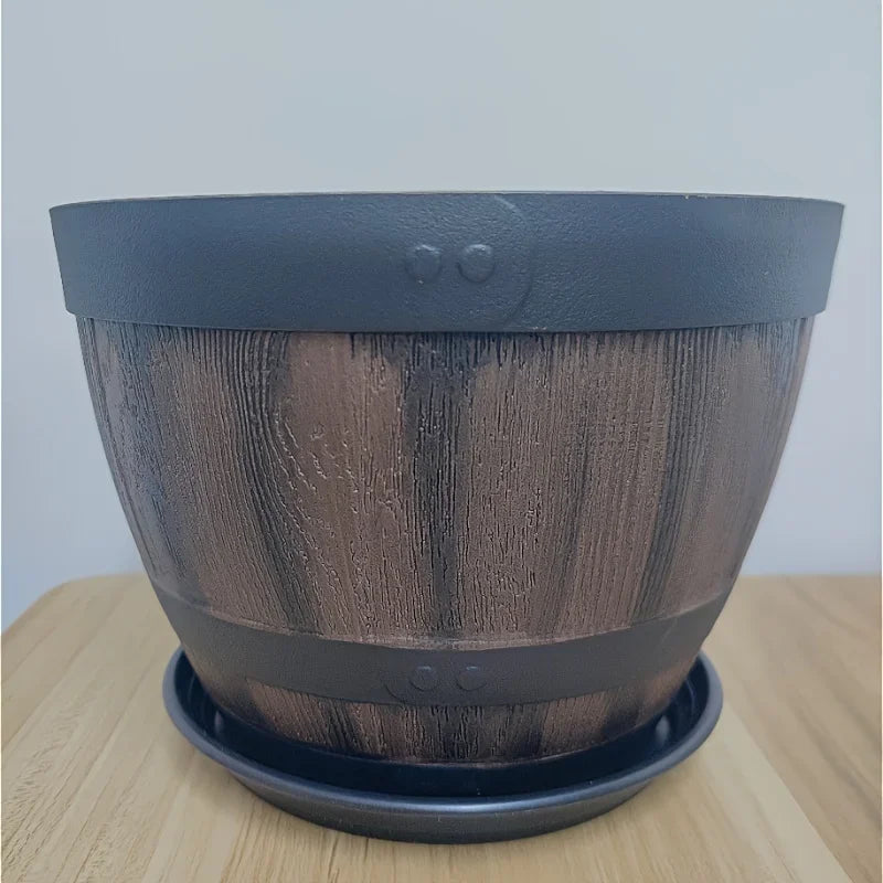 Retro whiskey barrel planter, resin striped garden flower pot with