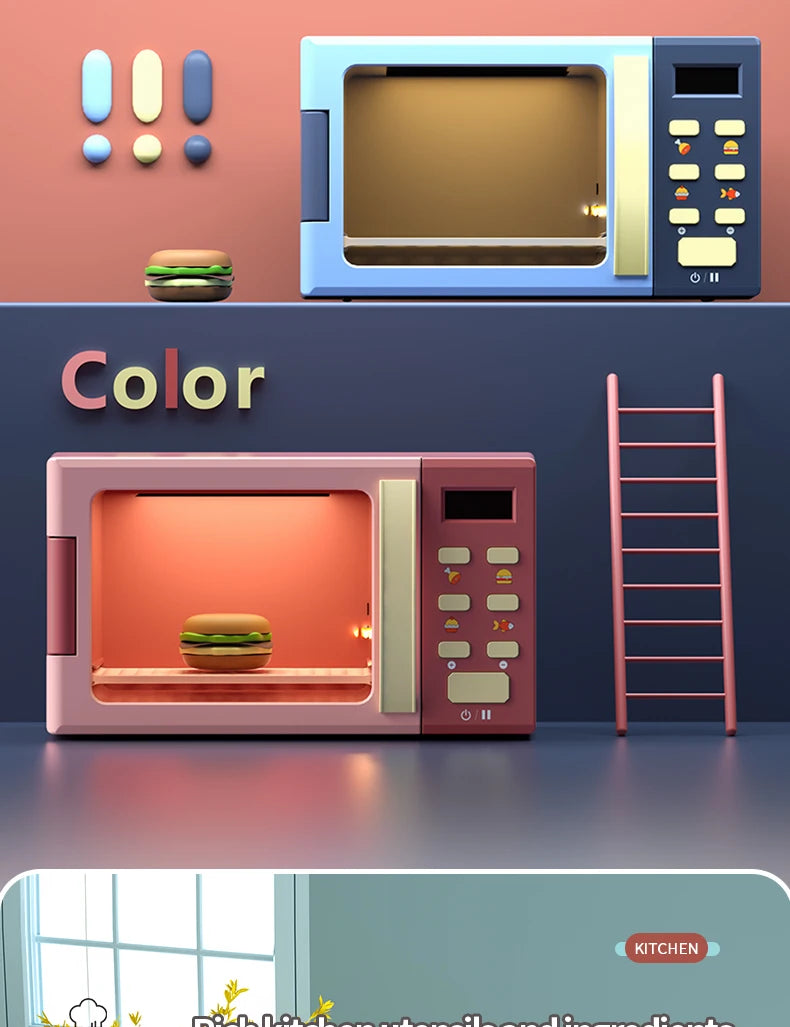 Toy Microwave Oven Playset with Light and Sound, Toy kitchen Appliances for Kids, Play kitchen accessories and Toy Food for Kids