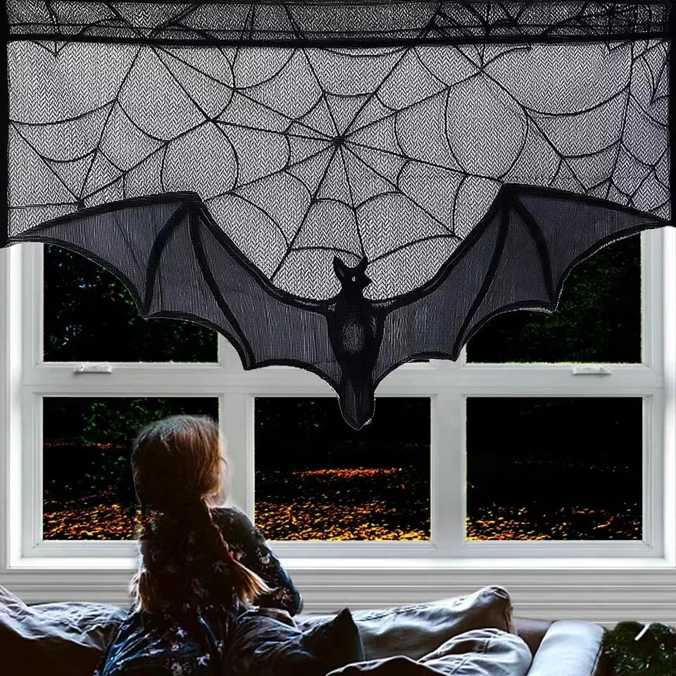 Halloween Lace Curtains Black Bat Tablecloth Hearthstone Scarf Cover Family Room Spider Web Horror Decoration Party Decoration