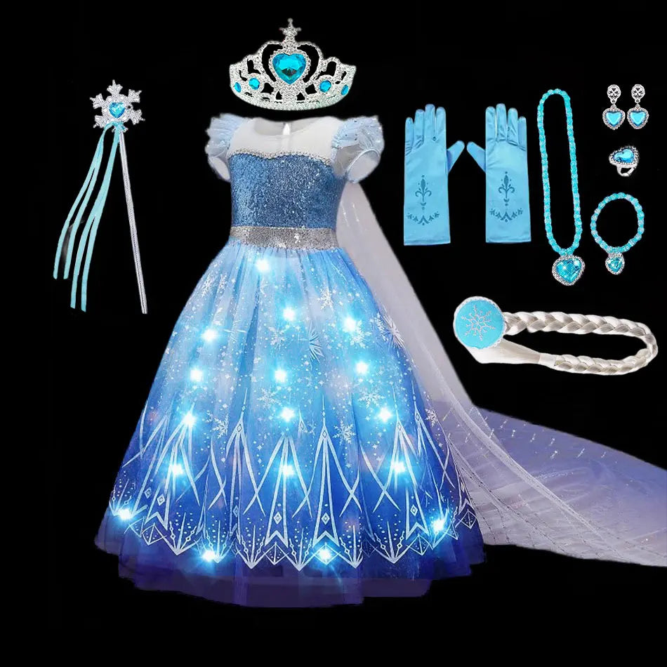 Disney Girl Elsa Role Playing Dress Light Up Kid Halloween Frozen Carnival Apparel Girls Birthday Cosplay Princess Glowing Dress