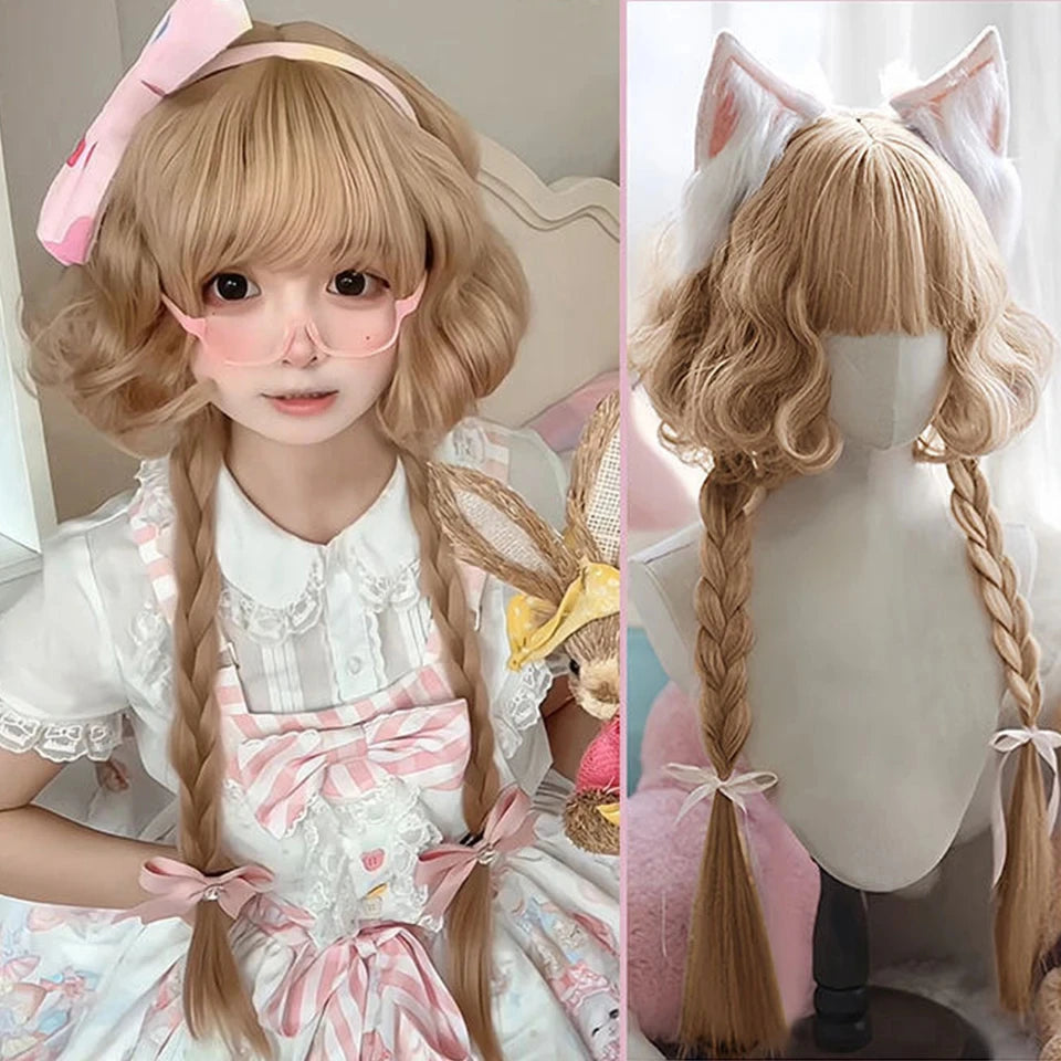 Synthetic Short Lolita Cosplay Christmas Halloween Bob Brown Blonde LM Wig With Long Curly Ponytail Natural Fake Hair for Women