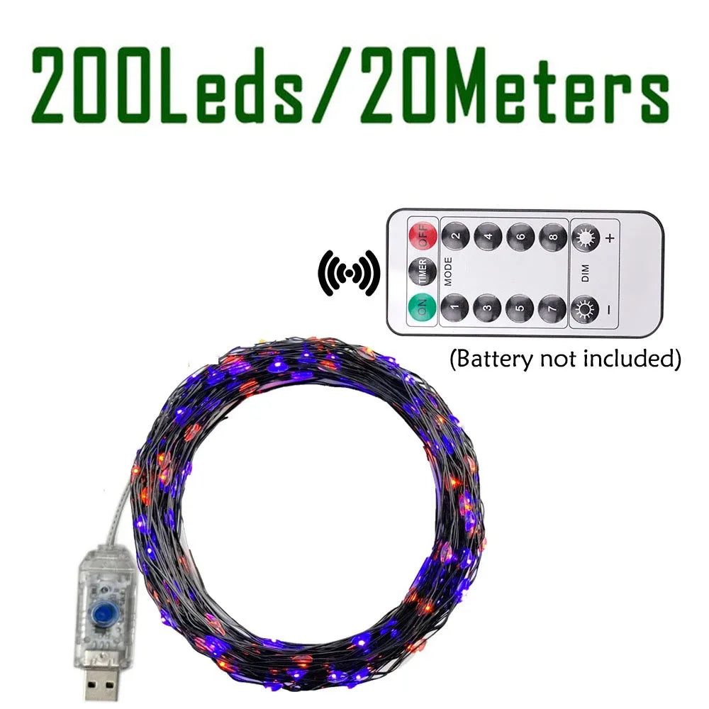 Purple and Orange Fairy String Lights Copper Black Wire Total 100-1200LED USB Fairy Lights With 8 Modes For Halloween Decoration
