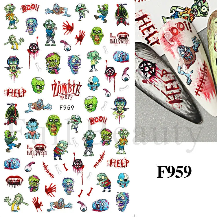 Nail Stickers Halloween Series Bat Skull Bone Ghost Pumpkin Pattern 3D Self Adhesive Decals For Nails Manicure Decoration LATH