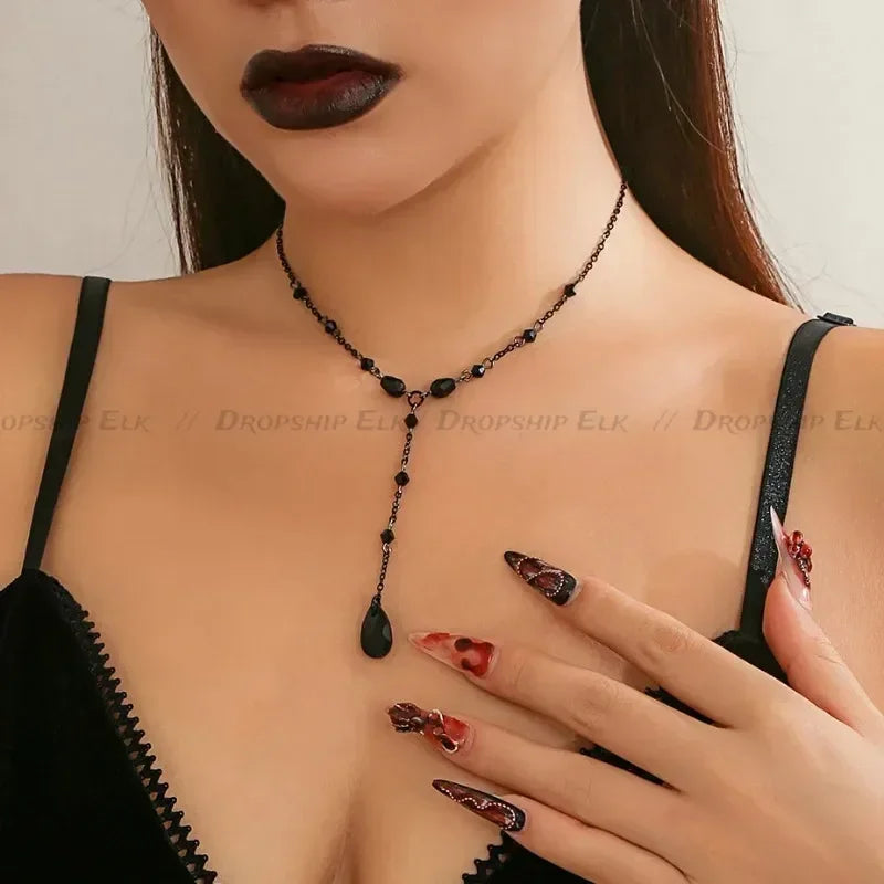 Black Water Drop Crystal Chest Chain Necklace for Women Collares Vintage Sexy Link Choker Y2K Halloween Jewelry Accessories