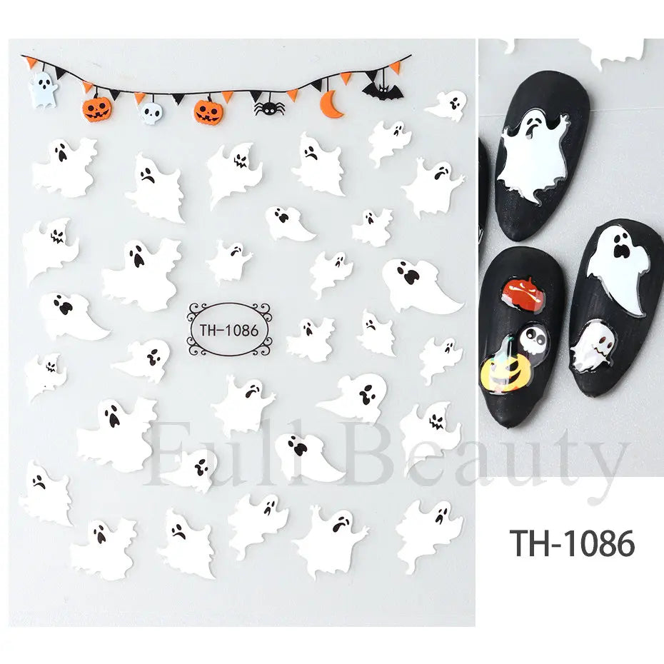 Nail Stickers Halloween Series Bat Skull Bone Ghost Pumpkin Pattern 3D Self Adhesive Decals For Nails Manicure Decoration LATH