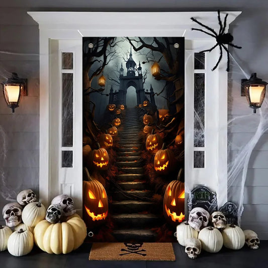 1pc2D flat Halloween theme background cloth banner, scary pumpkin head steps design, Halloween decoration,no power required——sjs