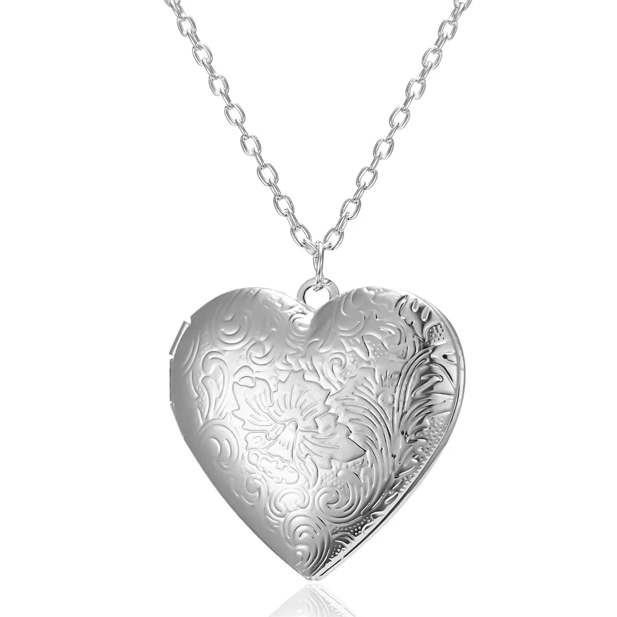 Silver Color Love Heart Photo Frame Pendant Necklace For Women I Love You Flower Pattern Heart Openable Locket Necklace Jewelry