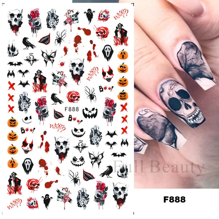 Nail Stickers Halloween Series Bat Skull Bone Ghost Pumpkin Pattern 3D Self Adhesive Decals For Nails Manicure Decoration LATH