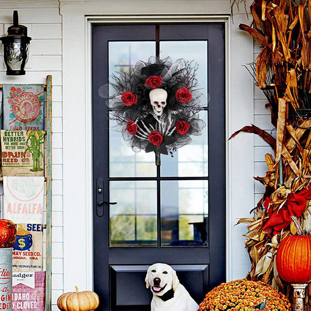 Halloween Wreath Scary Red Rose Wreath Halloween Skeleton Wreath for Haunted Mansion Halloween and Party Supplies
