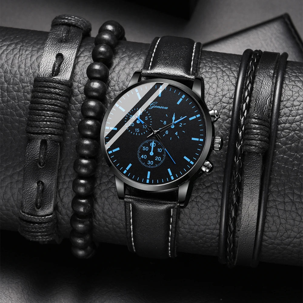 New Men's Watch Luxury Bracelet Multi Piece Set Fashion Business Black Leather Quartz Watch Men's Gift Set Reno Masculino