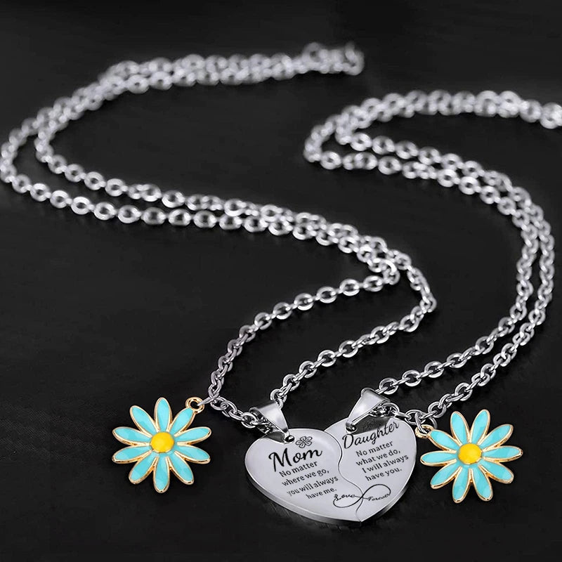 2 Pcs Daisy Charm Mother Daughter Heart Matching Pendant Necklace Set Stainless Steel Jewelry Gifts For Mom