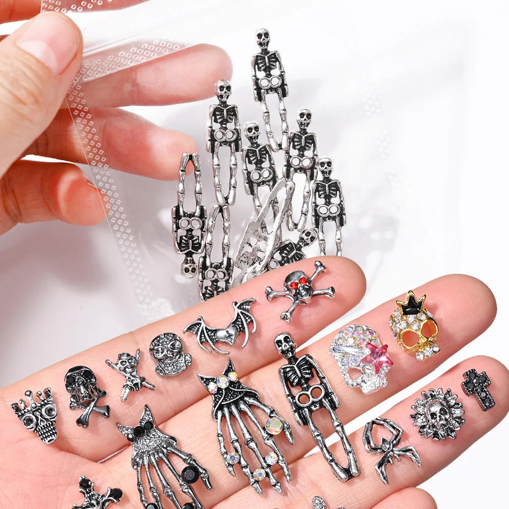 10pcs Bone Skeleton Halloween Nail Charms Scary Decoration Nail DIY 2023 Skull Cross Halloween Metal Nail Art Parts Gems