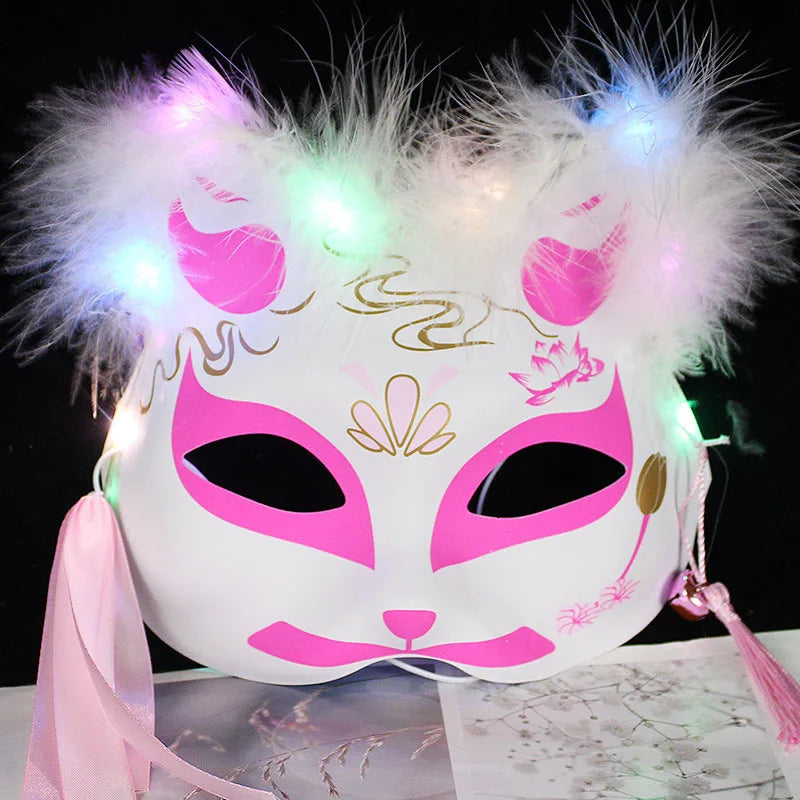 Luminous Led Mask Japanese Foxes Mask Rave Costume Anime Half Face Cat Masks Masquerade Festival Halloween Party Cosplay Props