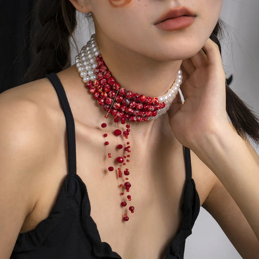 Gothic Blood Drop Fringe Necklace Choker Multi-colored Pearls Beaded Charm Fashion Halloween Party Jewelry Vampire Gifts for Her