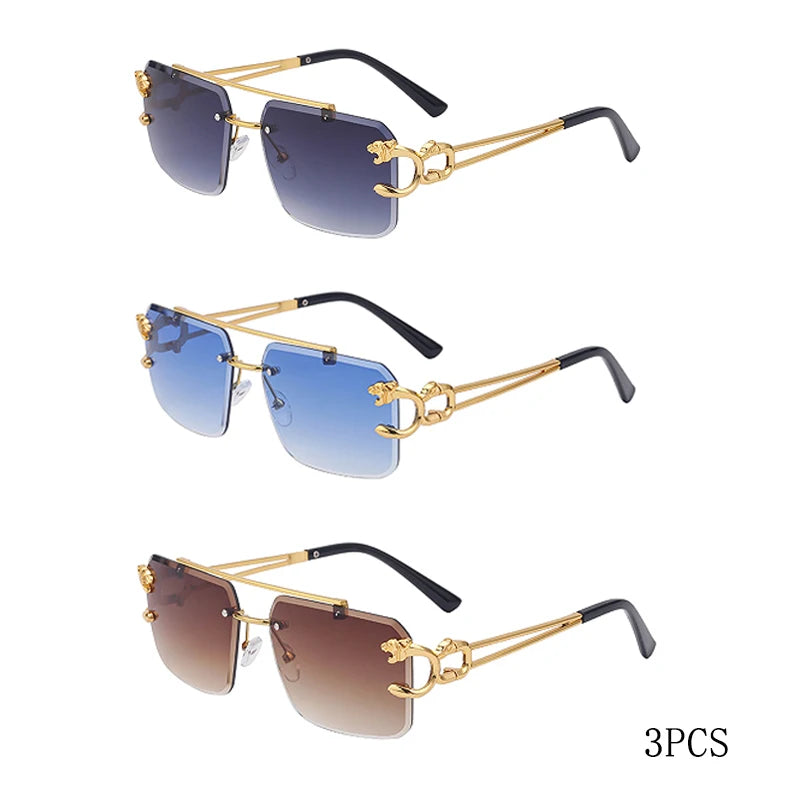 Fashion Metal Leopard Rimless Sunglasses Double Bridges Gradient Ocean Film Shades UV400