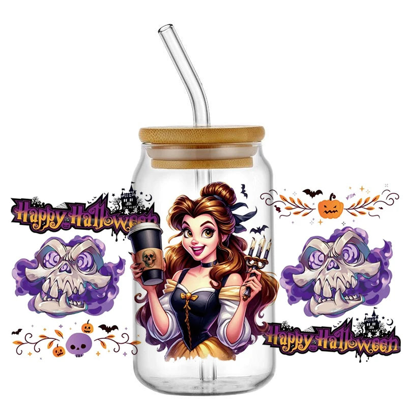 Miniso Halloween Stitch Mixed Cartoon Pattern Transfer Stickers Waterproof UV DTF Cup Wraps 3D Wrap Decal For 16oz Libbey Glass