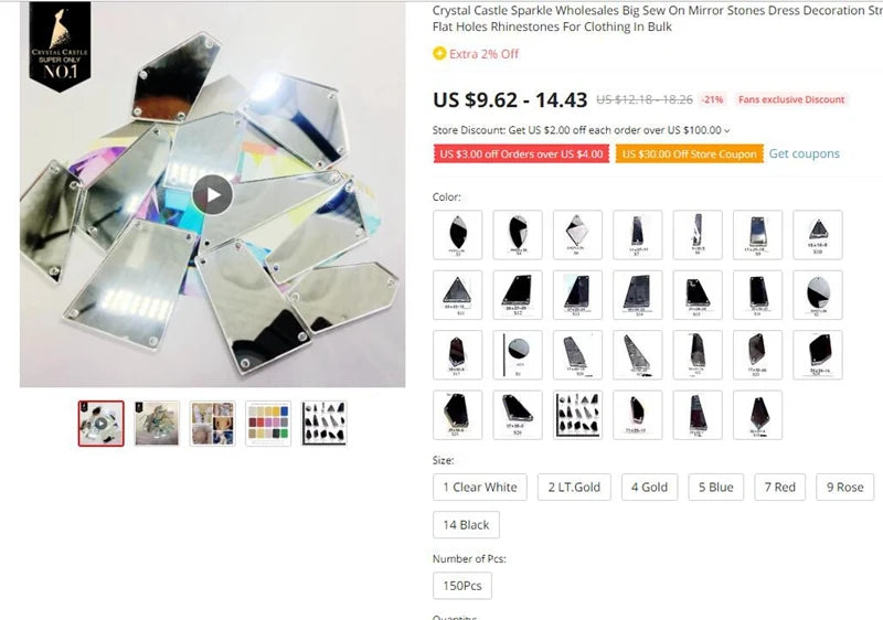 Crystal Castle Shiny Big Size Acrylic Holes Mirror Stones Sew On Strass Latin Dress Dance Wears Flat Rhinestones for Clothing