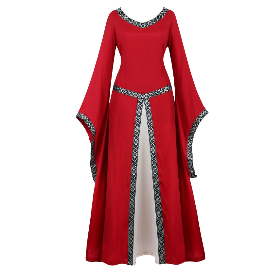 Women Medieval Renaissance Trumpet Sleeve Retro Loor Length Gown Lace Trim Irish Over Long Dress Halloween Costume Plus Size