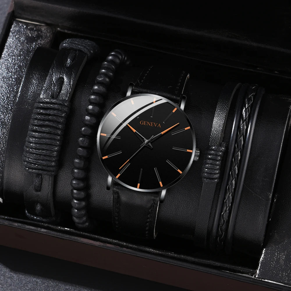 New Men's Watch Luxury Bracelet Multi Piece Set Fashion Business Black Leather Quartz Watch Men's Gift Set Reno Masculino
