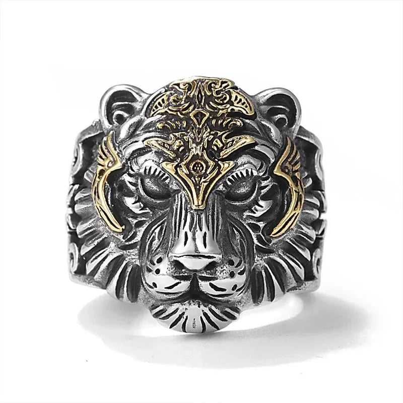 925 Silver Vintage Handsome Golded Tiger Head Mens Rings Hip Hop Style Domineering Ring Suitable for Daily Jewelry Wearing
